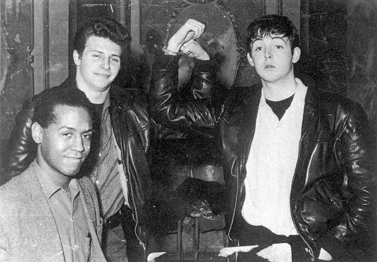 Emile Ford (?) Pete Best and Paul McCartney at the back stage of the Tower Ballroom