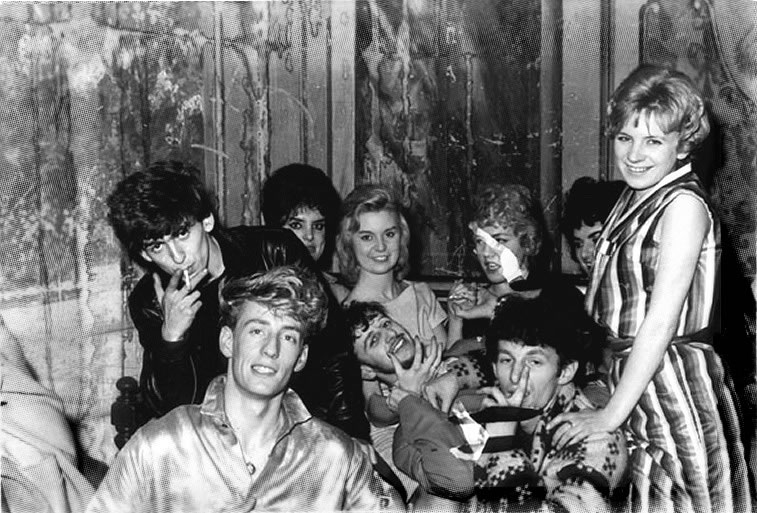 George Harrison of the Beatles with Rory Storm and the Hurricanes at the backstage of the Tower Ball